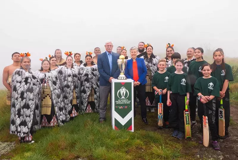 ICC Cricket World Cup 100 Days To Go Group On Port Hills With Trophy