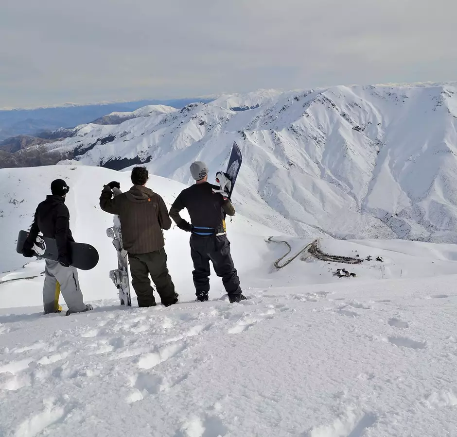 Group of snowboarders at the top of Mt Lyford.